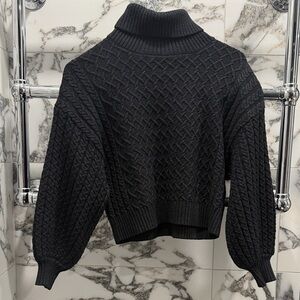 Truth By Republic Cropped Cable Knit Turtle Neck Sweater in Dark Gray